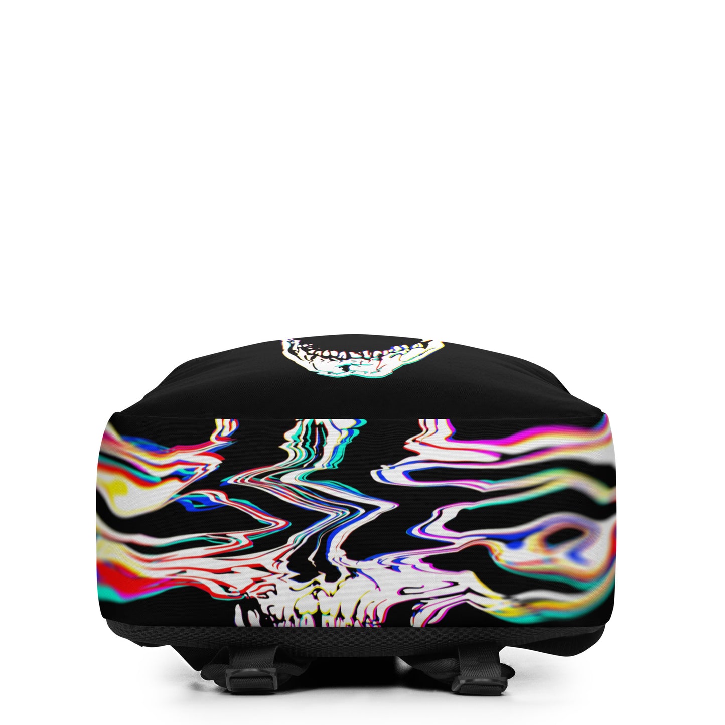 Black backpack with Rebel Riser pattern - bottom view rock and roll design