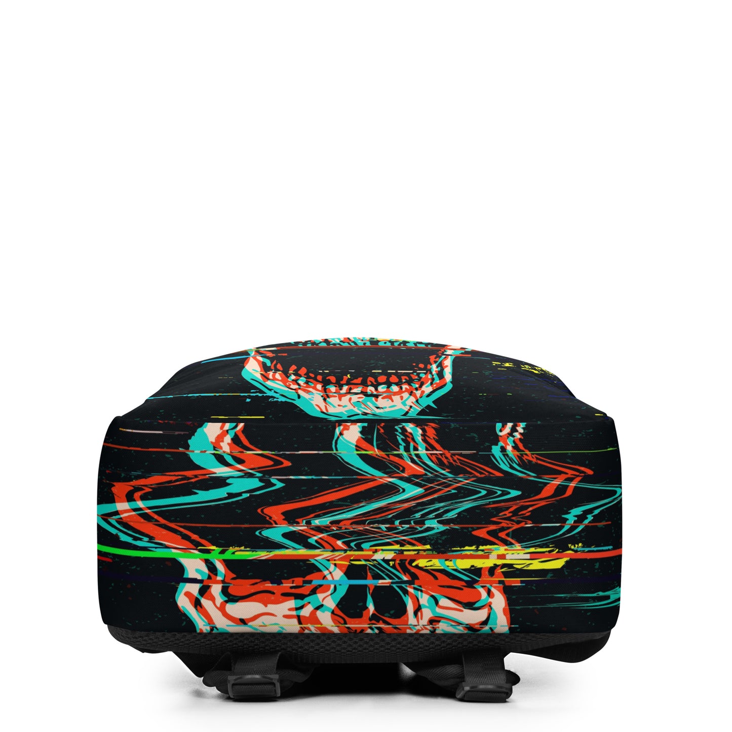 Glitched Skull backpack bottom view - colorful digital skull all-over print pattern
