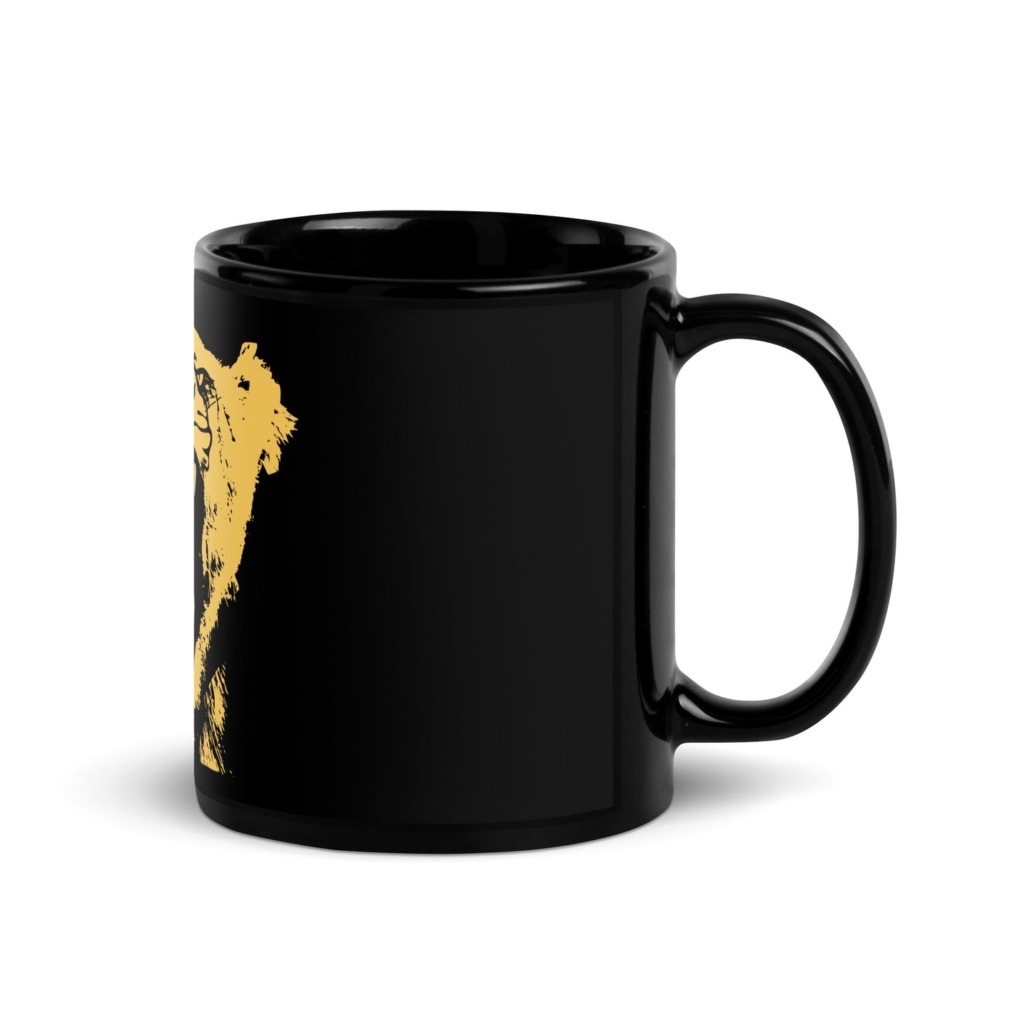 Right side view of the black glossy Rock and Roar mug showing the handle and edge of the gold big cat print