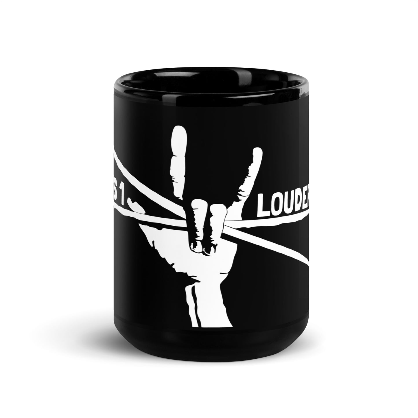 Front view of the 15 oz black Drumsticks mug with a white rock hand sign holding crossed drumsticks and It's 1 Louder text