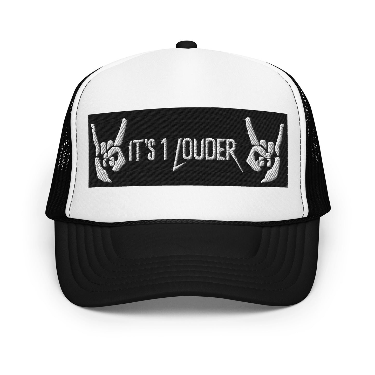 Front view of a black and white trucker hat. It's 1 Louder logo with two hands doing the finger devil horns rock and roll symbol on each side of the It's 1 Louder words. Cap gives off a punk rock fashion or rockstar outfit. Ideal for rock concert attire.