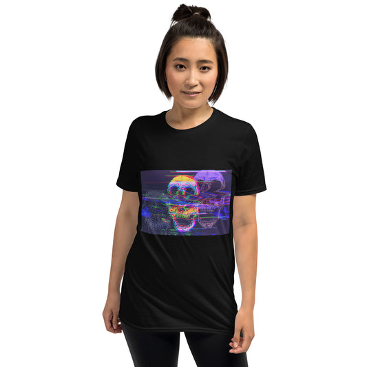 Person wearing a black t-shirt with a colorful skull face design on a white background