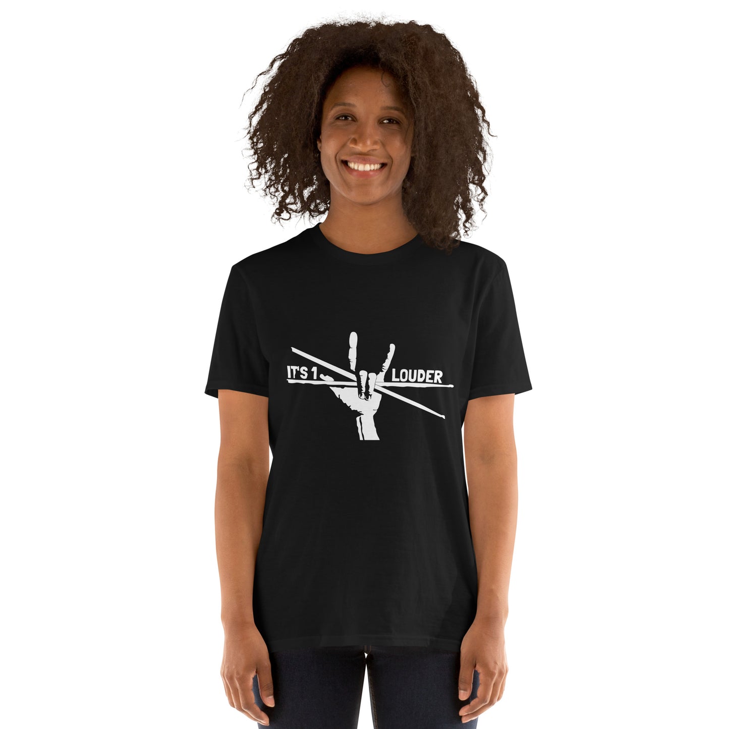 Model wearing the black Drumsticks tee with white IT'S 1 LOUDER drumsticks graphic