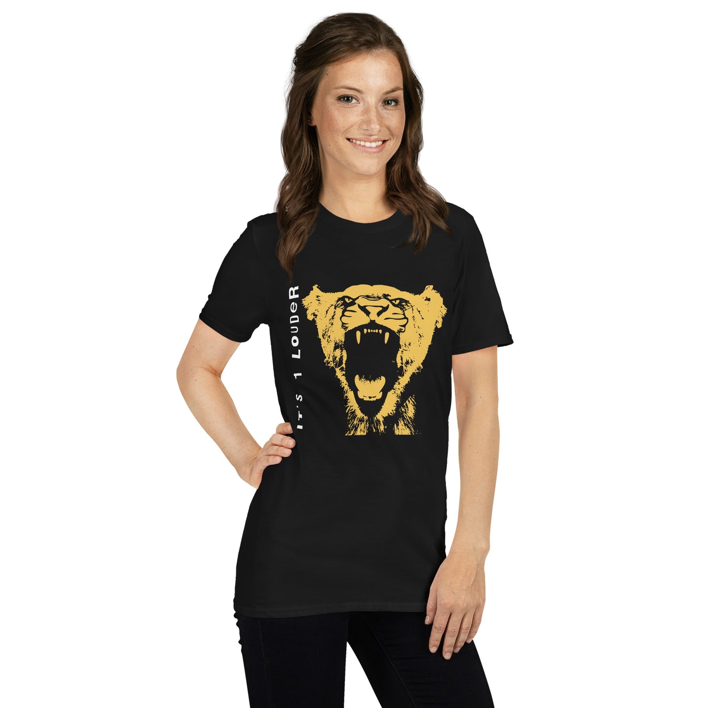 Model wearing the black Rock and Roar tee with gold roaring big cat graphic
