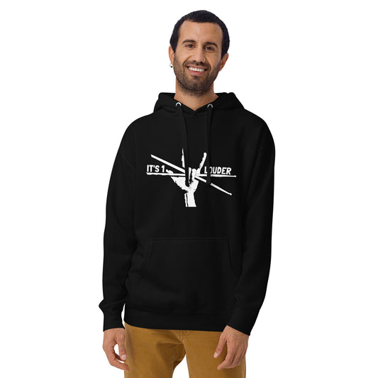 Male model wearing the black Drumsticks hoodie with white IT'S 1 LOUDER drumsticks print