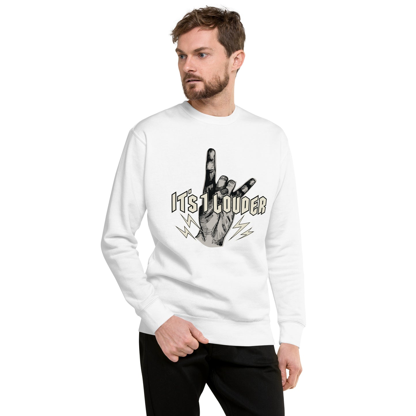 Off centered front view of a caucasian man staring to his right wearing a white sweater with a big design across the chest. There's a hand doing the finger devil horns, the universal symbol for rock and roll, and the words It's 1 Louder written in front of hand. The sweater gives off a rock and roll attire suited for rockstar clothing.