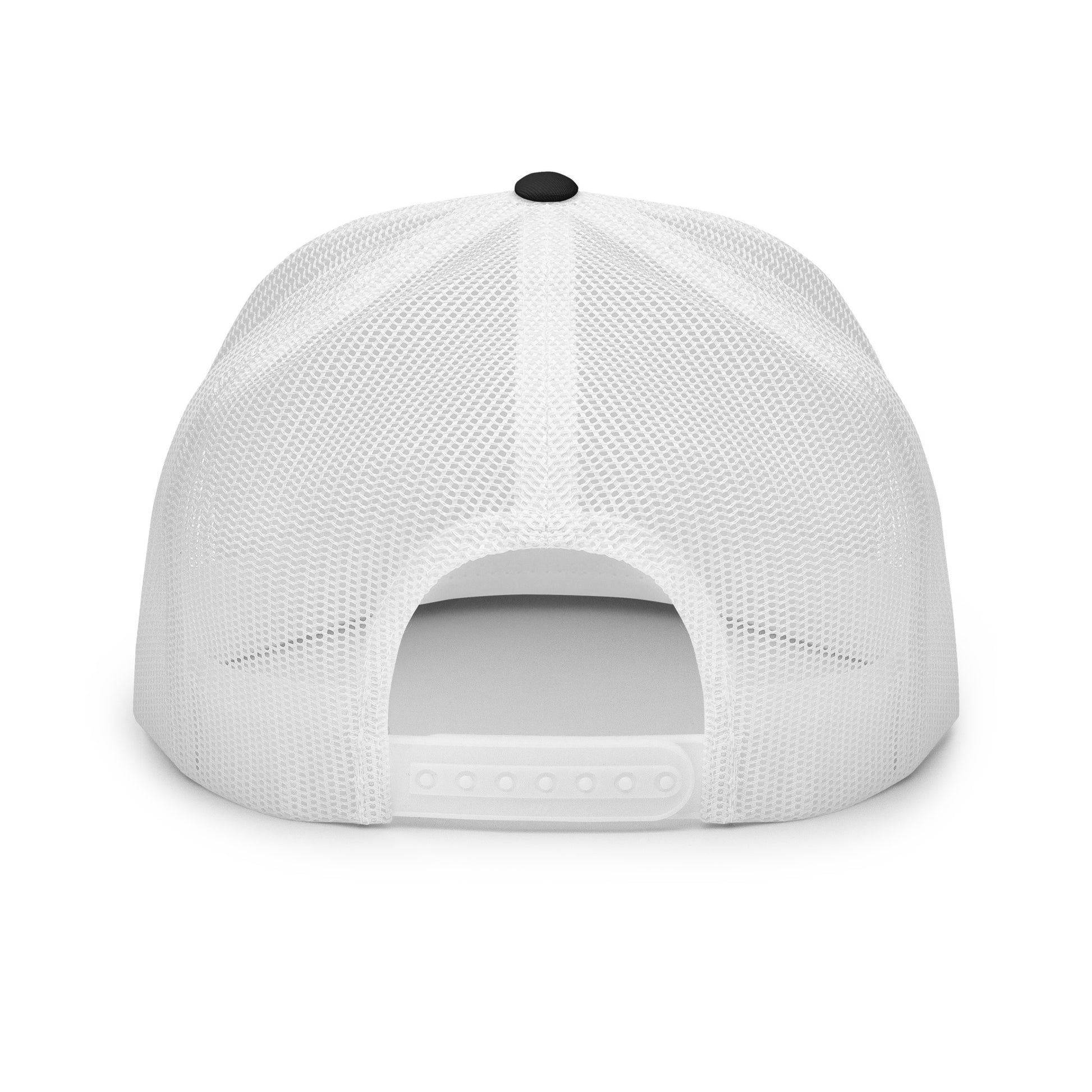 Back view of the It's 1 Louder trucker cap showing the white mesh back and snapback closure