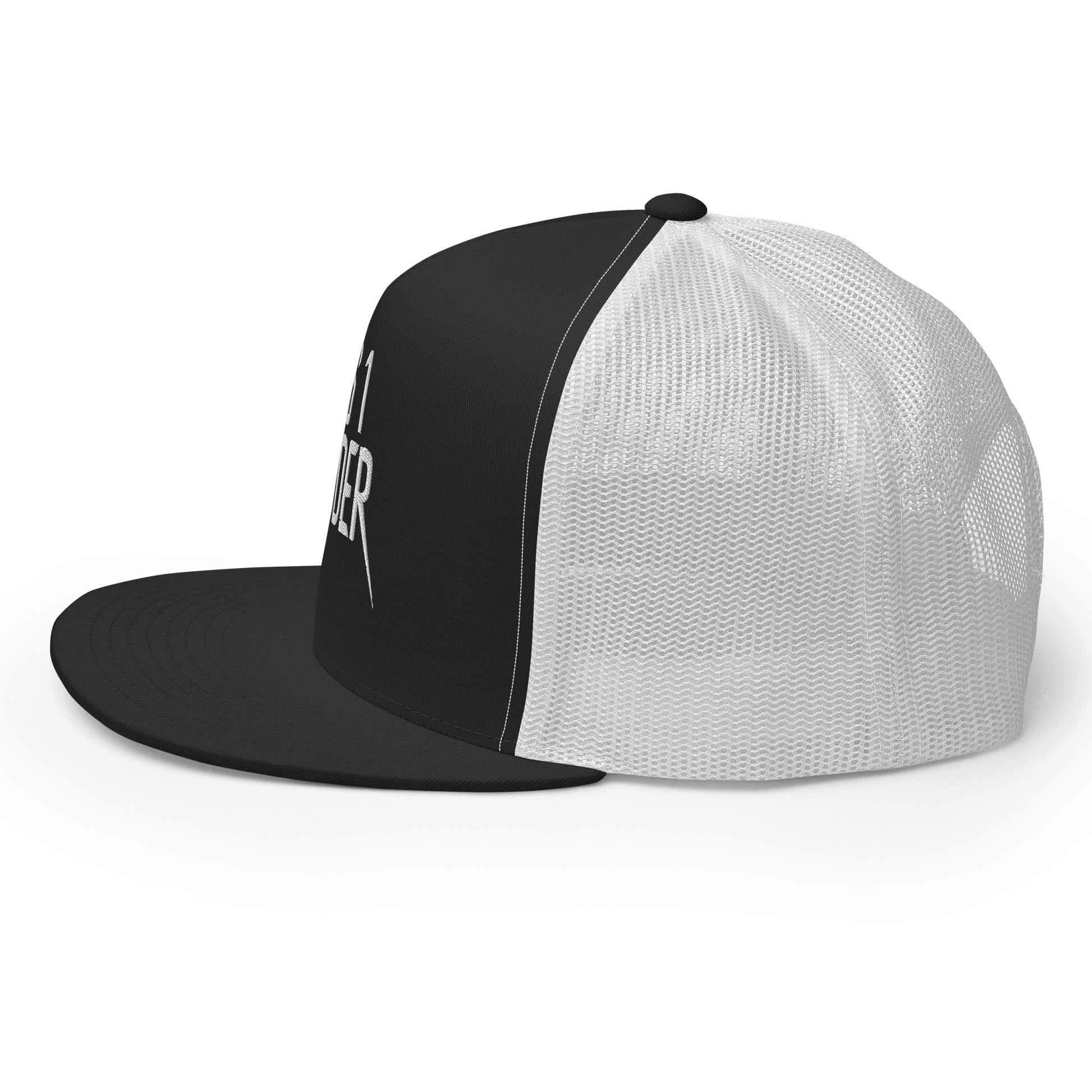Left side view of the two-tone trucker cap with black front panel and white mesh back