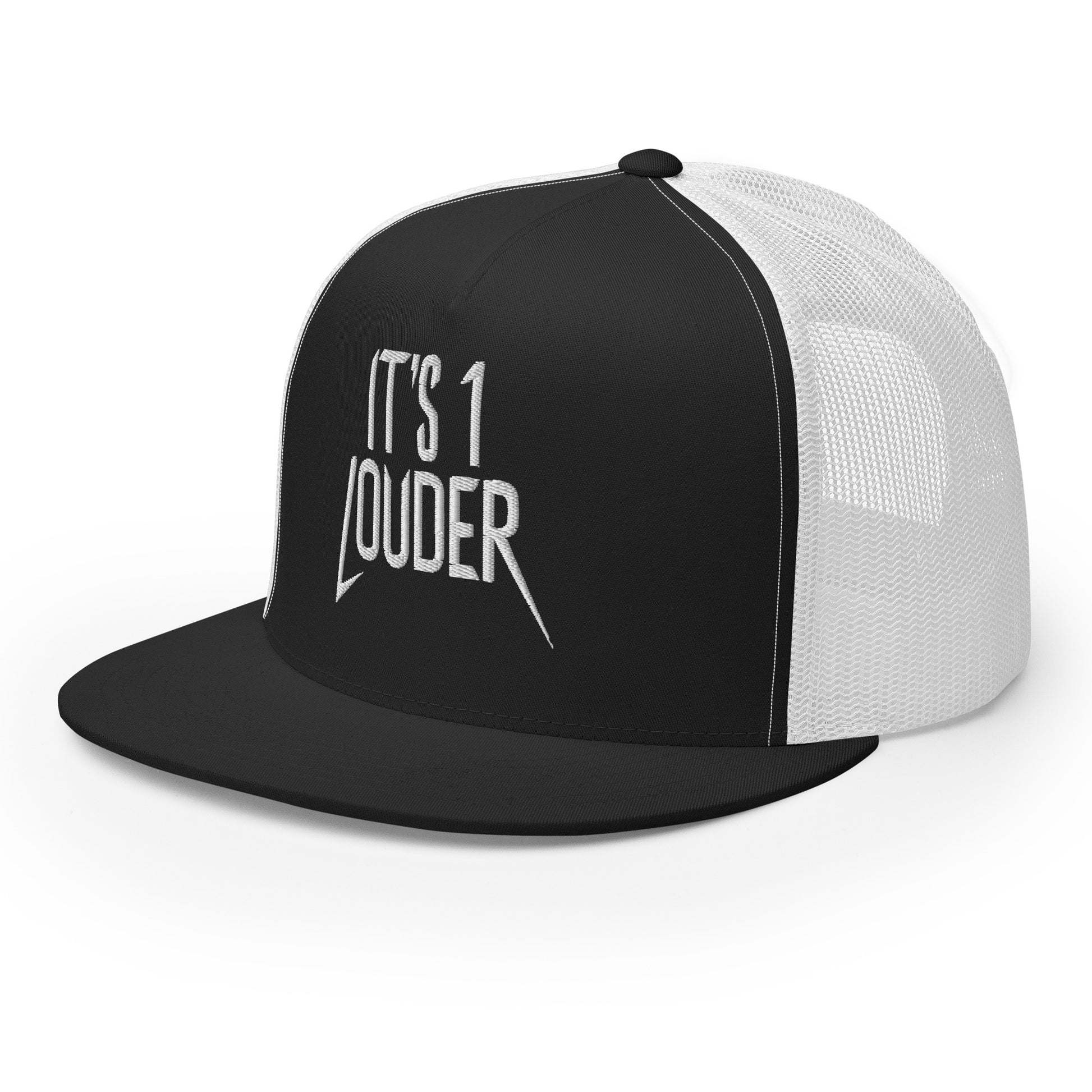 Angled front view of the black and white trucker cap with embroidered IT'S 1 LOUDER wordmark