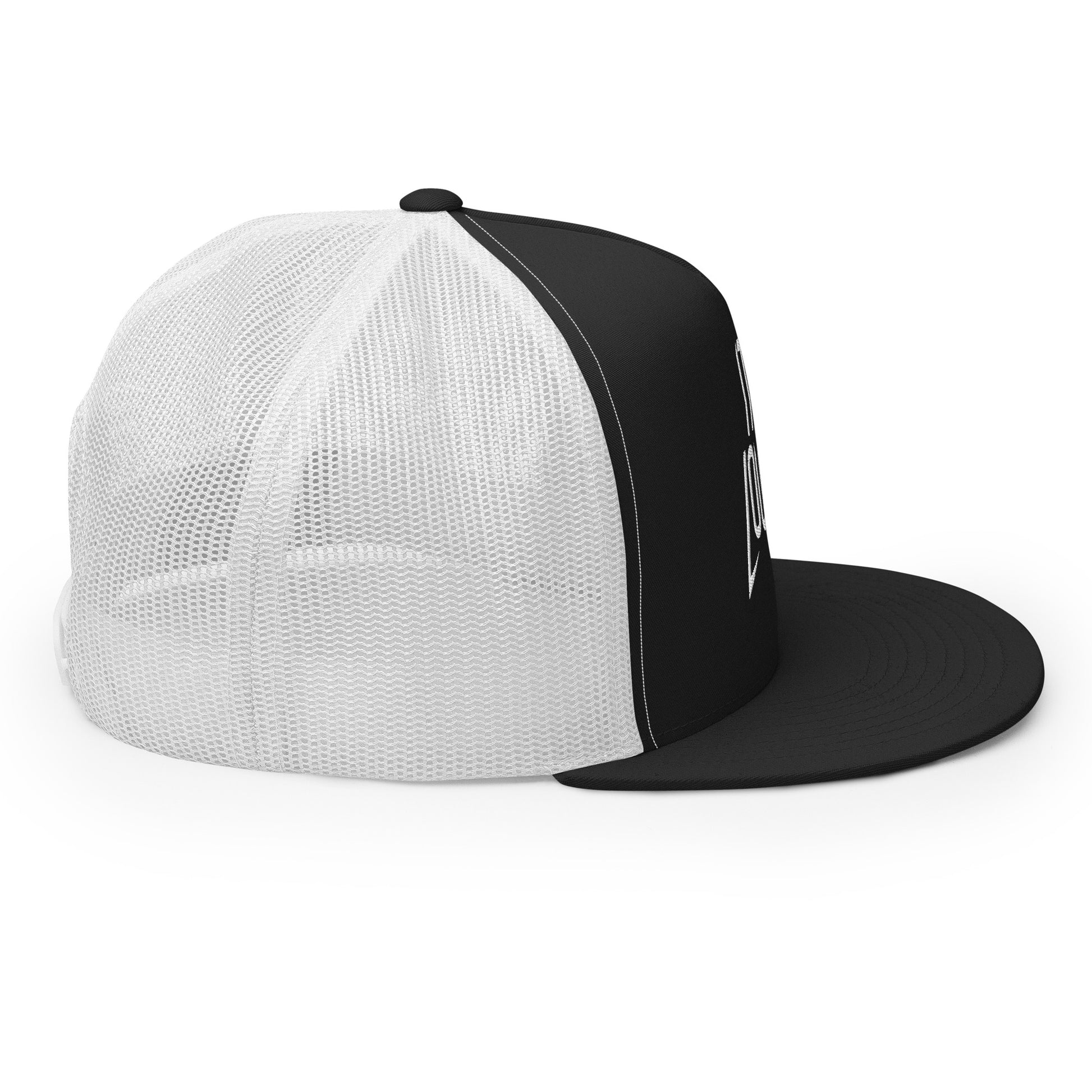 Right side view of the two-tone trucker cap showing white mesh panels and black flat bill
