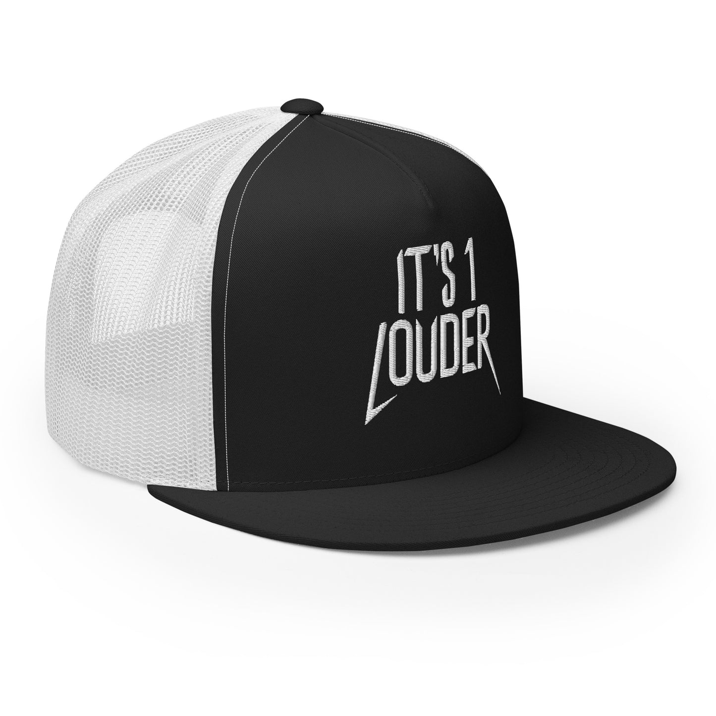 Three-quarter view of the black and white It's 1 Louder trucker cap with embroidered wordmark