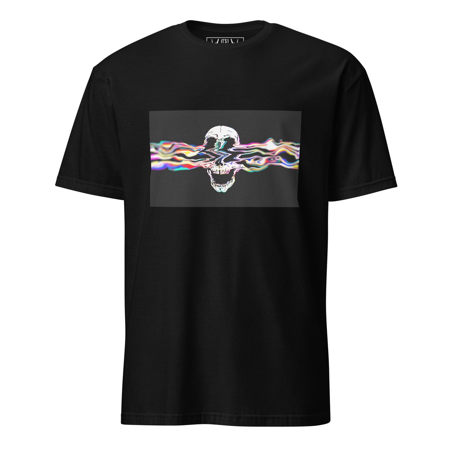 Black t-shirt with a colorful skull design on a white background