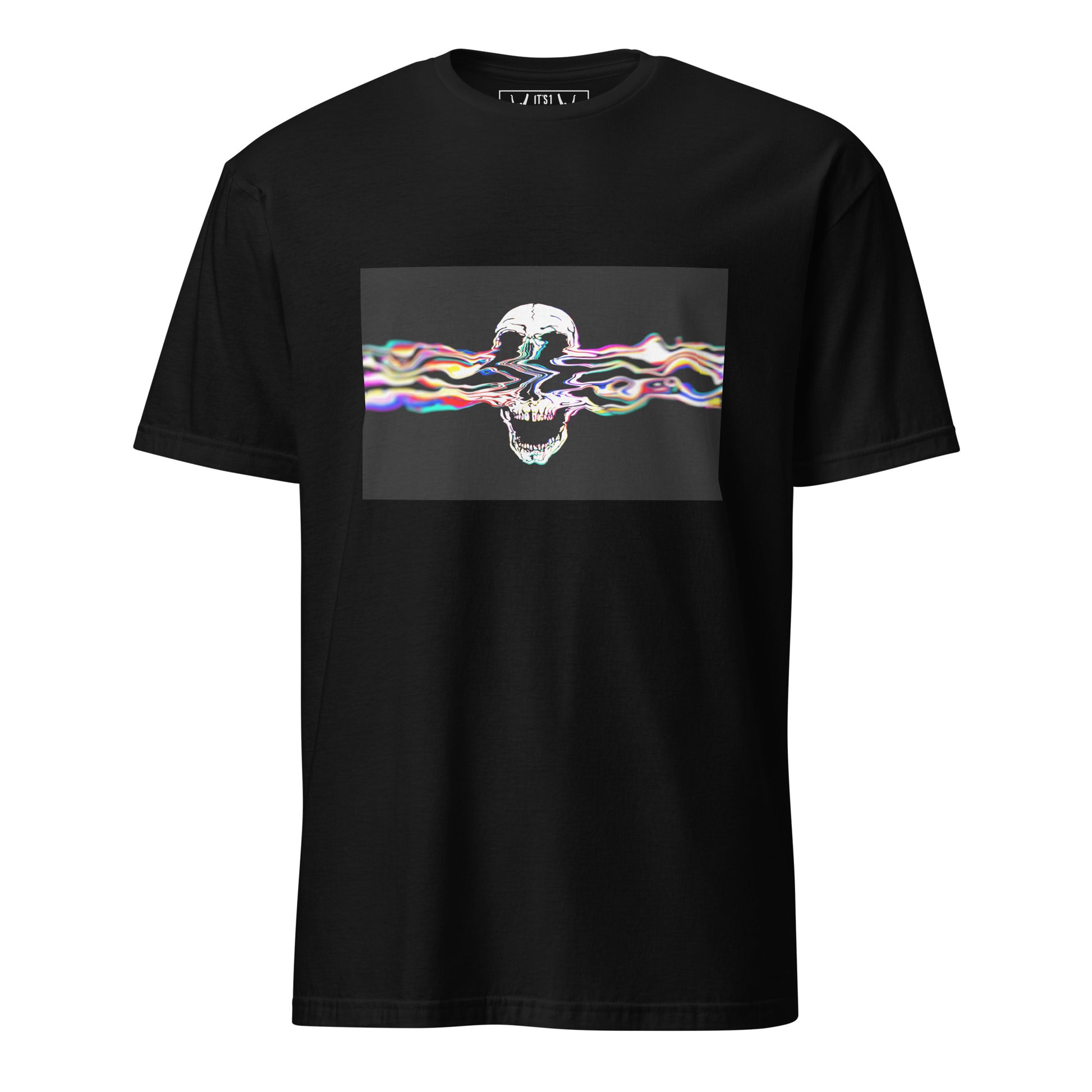 Black t-shirt with a colorful skull design on a white background