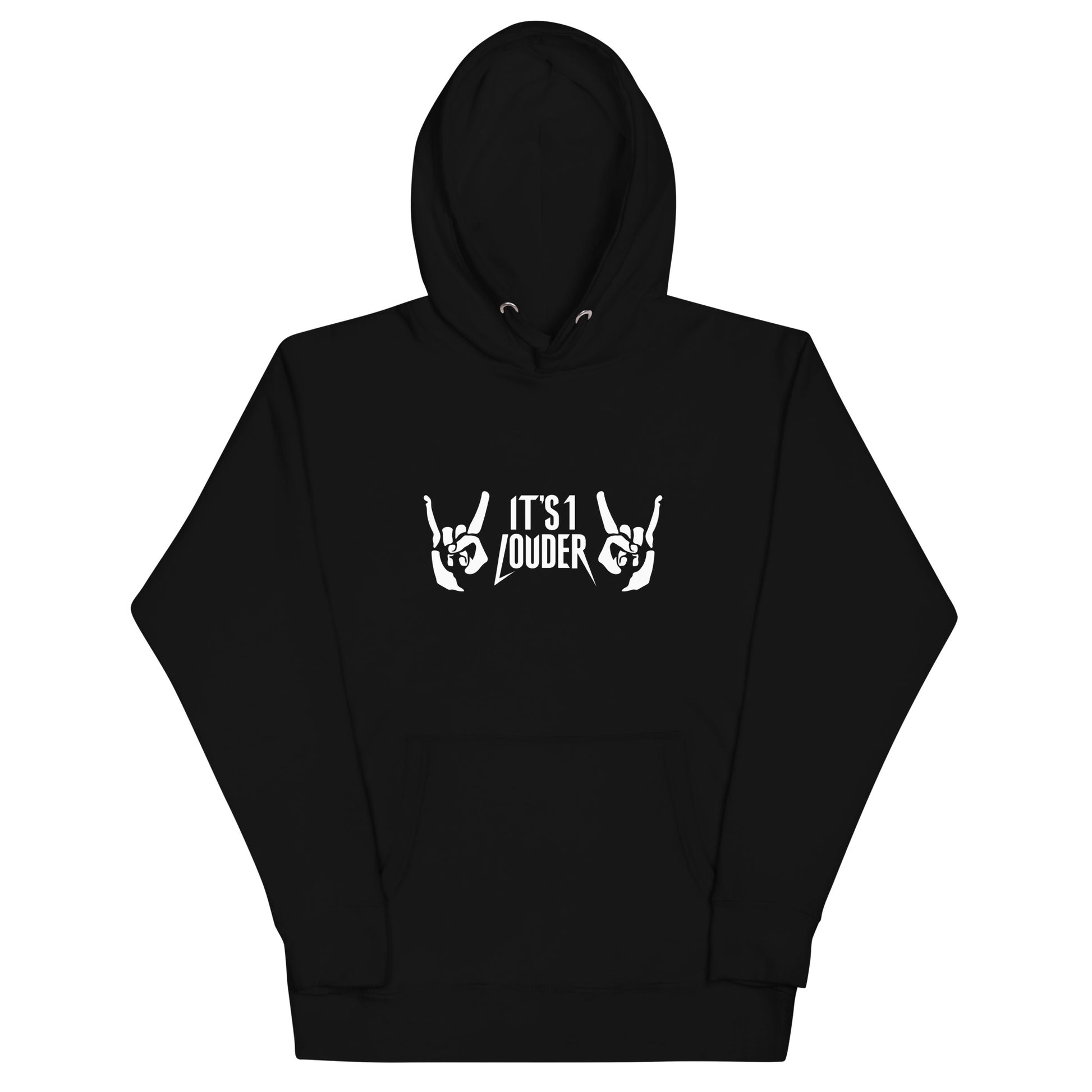 Black premium pullover hoodie with It's 1 Louder logo - rock music apparel
