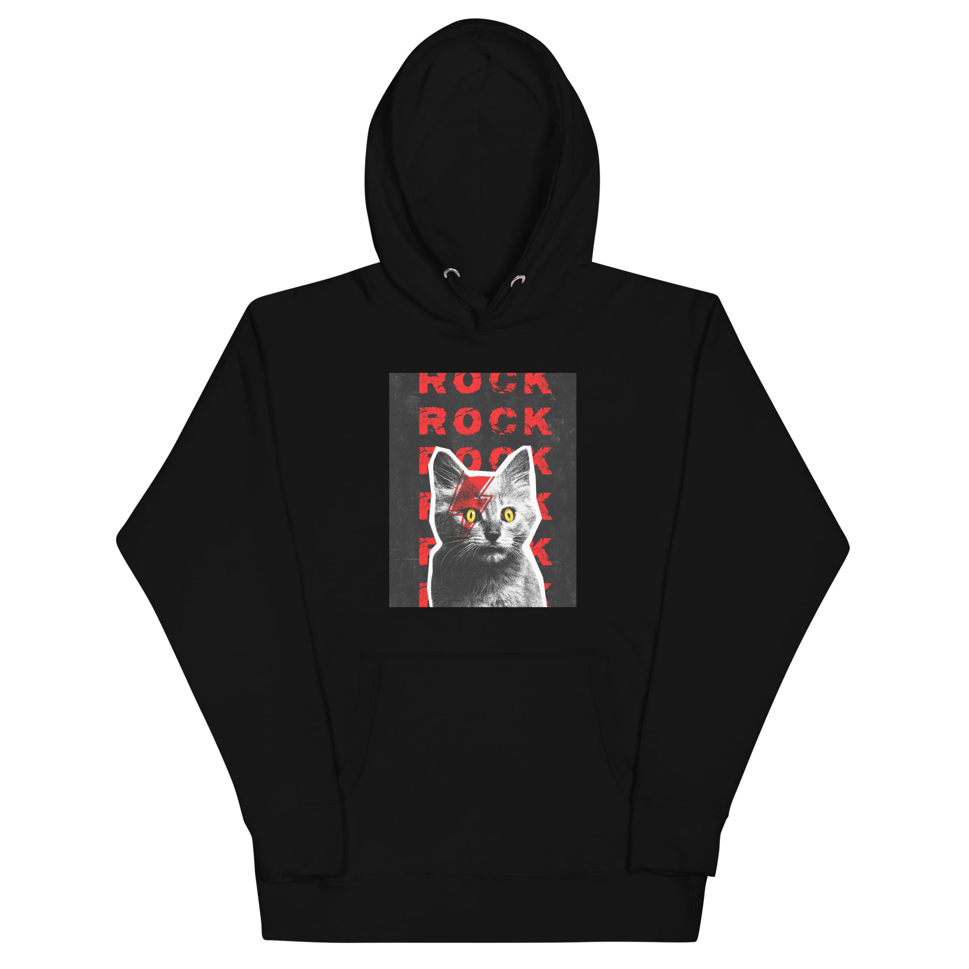 Black premium pullover hoodie with Rock Cat-titude graphic - punk rock cat design
