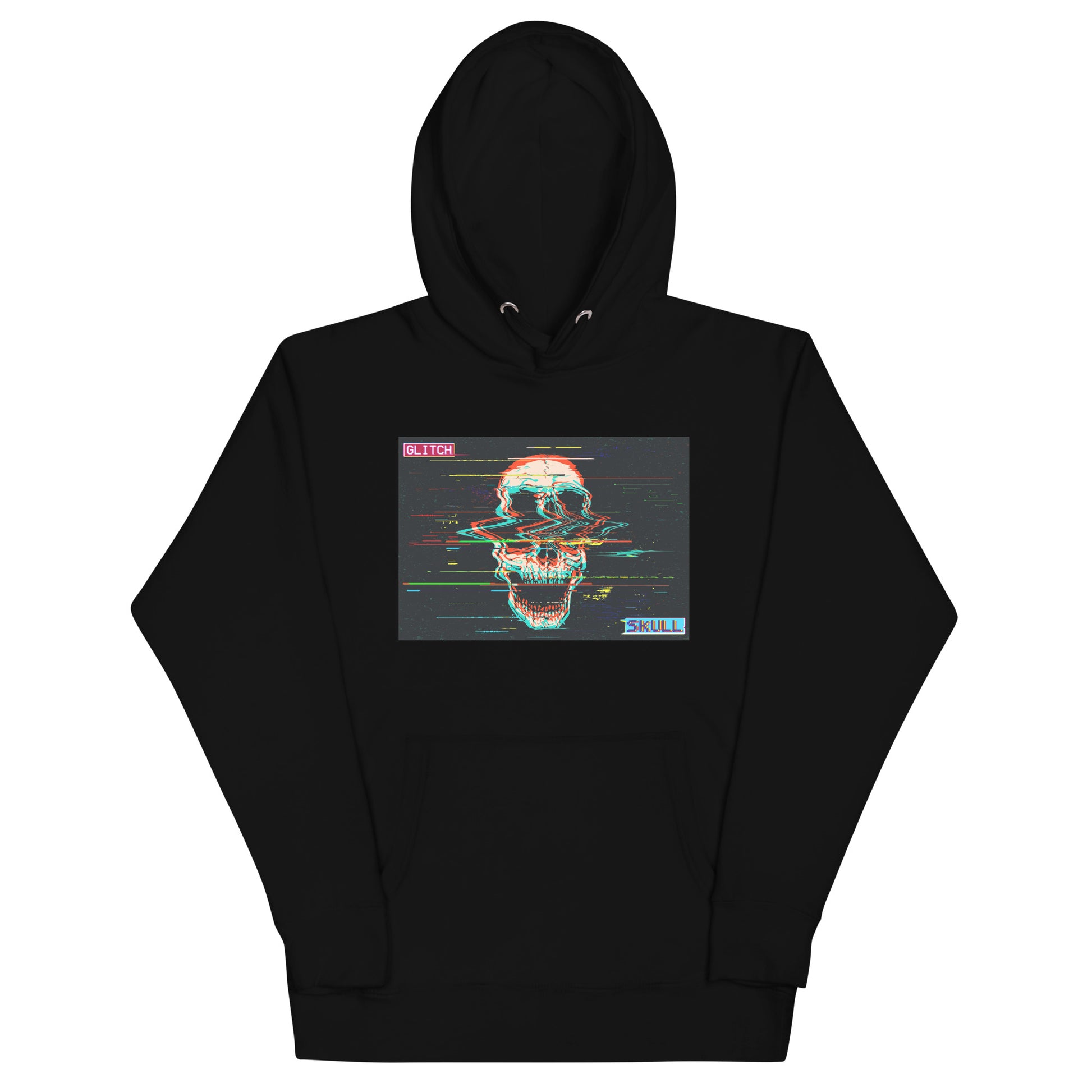 Black premium pullover hoodie with glitched skull graphic - digital rock design