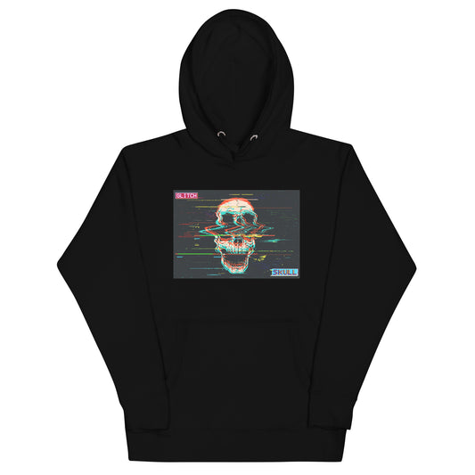 Black premium pullover hoodie with glitched skull graphic - digital rock design