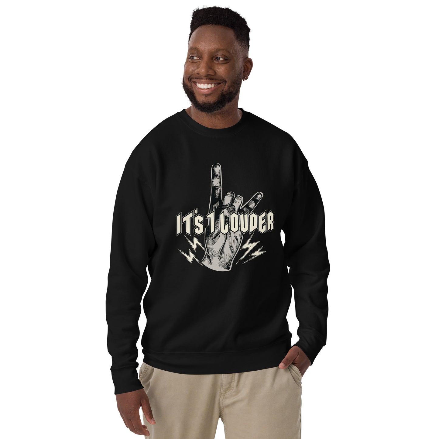 Black rock and roll sweatshirt with devil horns hand sign graphic - It's 1 Louder premium unisex sweater
