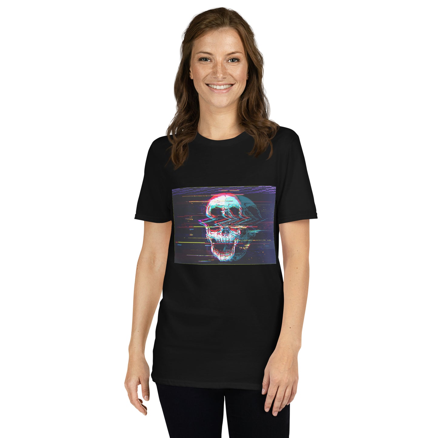 Girl wearing black rock music t-shirt - Skullbanger skull graphic