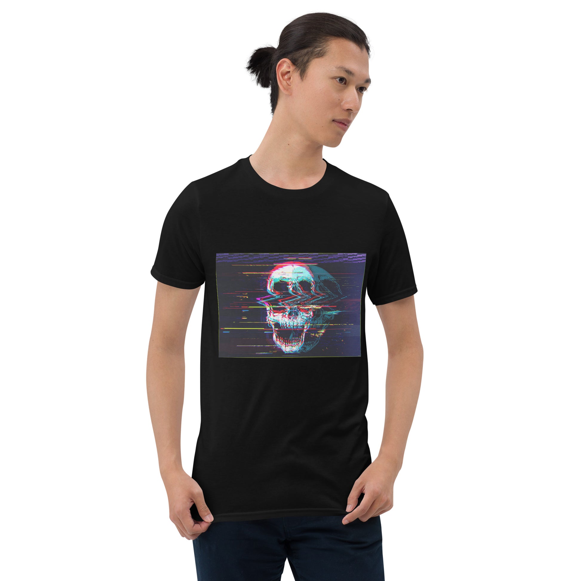 Black rock t-shirt with skull DJ - front view on model
