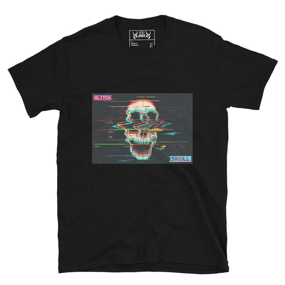 Black t-shirt with a digital skull design on a white background