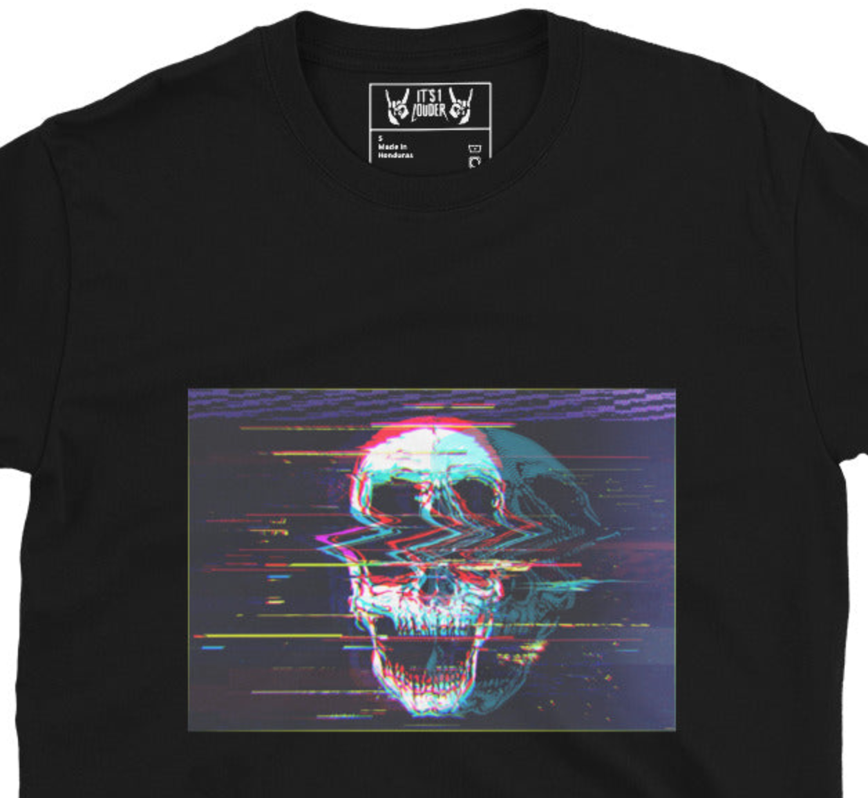 Black t-shirt with skull and headphones graphic - Skullbanger rock design