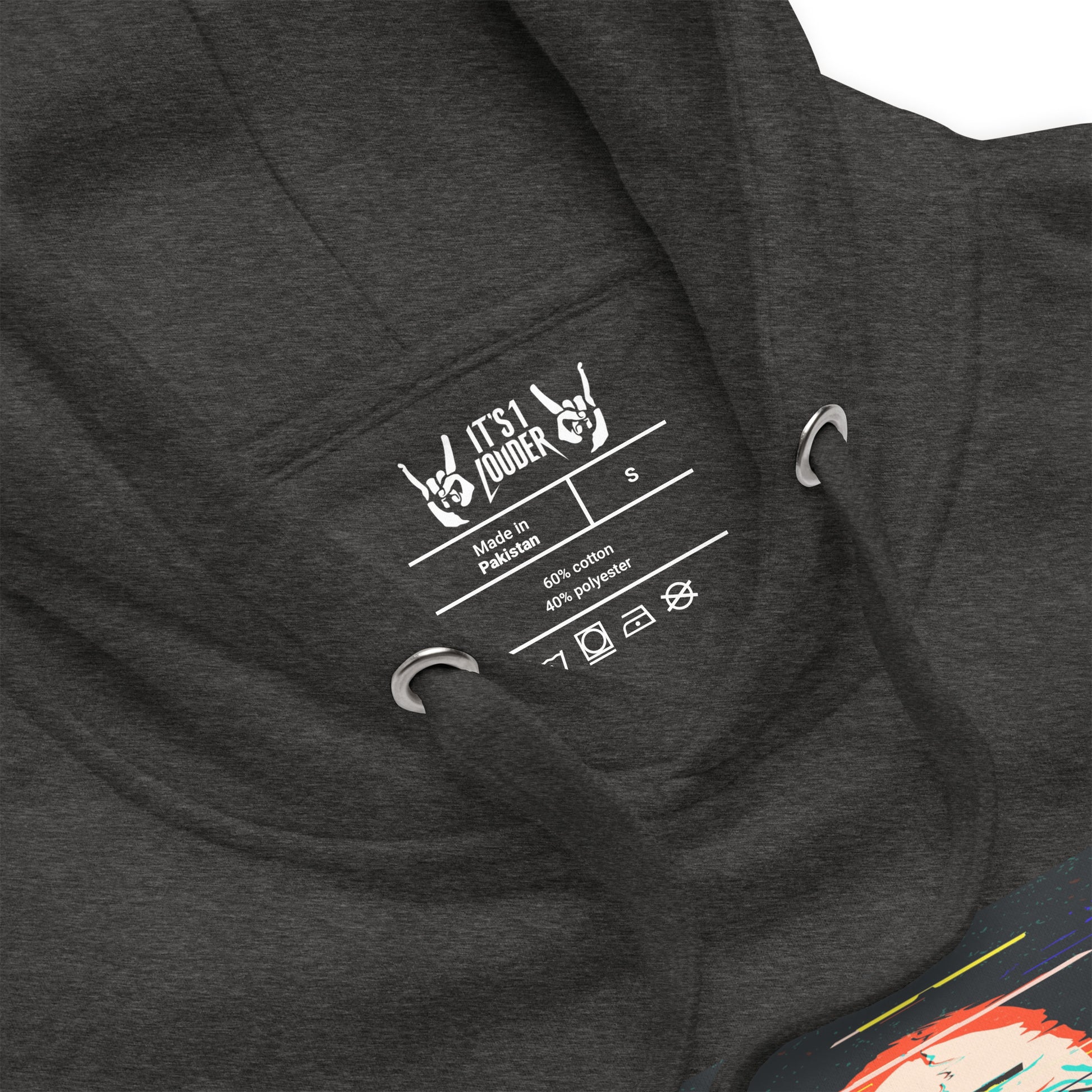 Charcoal heather hoodie product details - Glitched Skull quality close-up