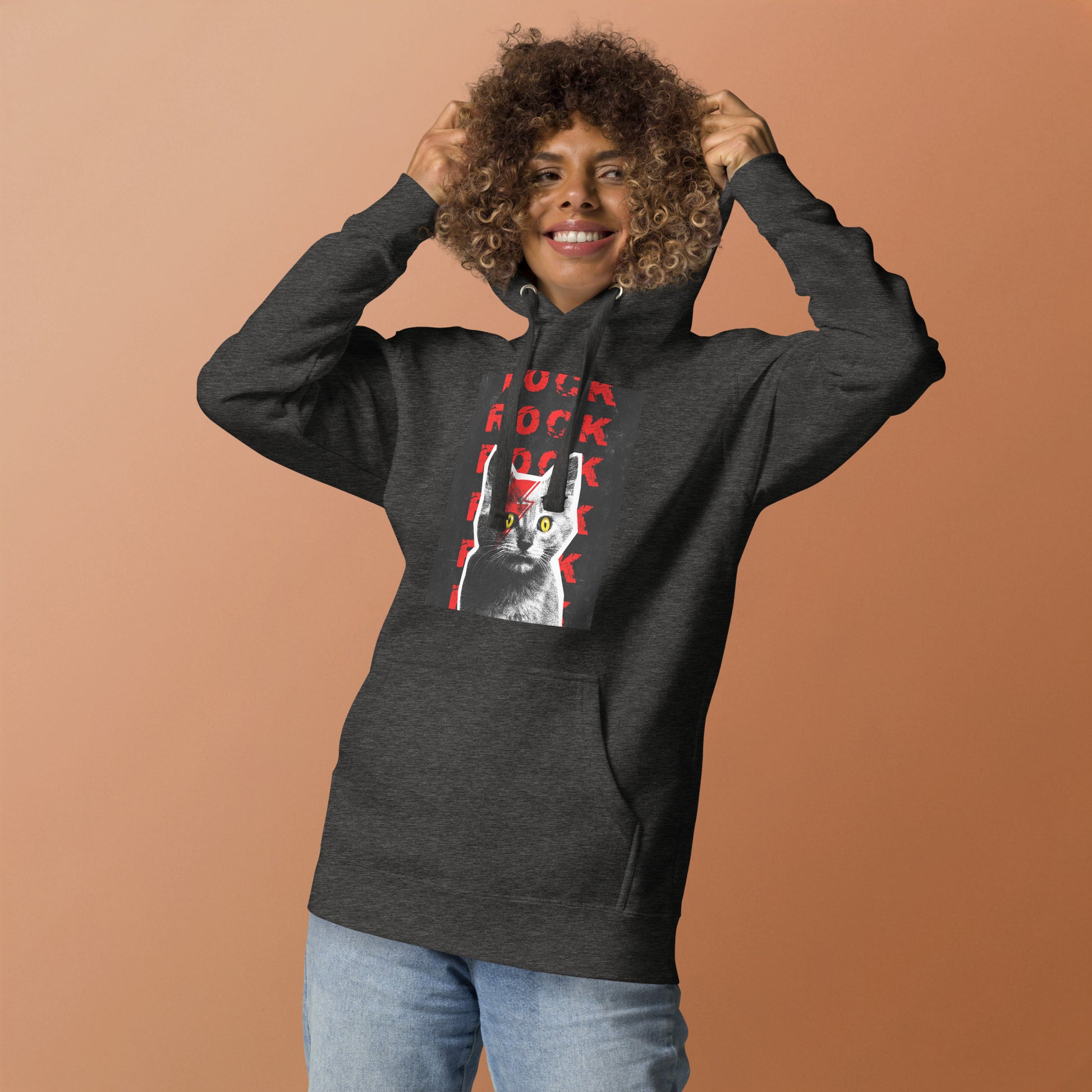 Charcoal heather hoodie with Rock Cat-titude cat graphic - alternative color front view