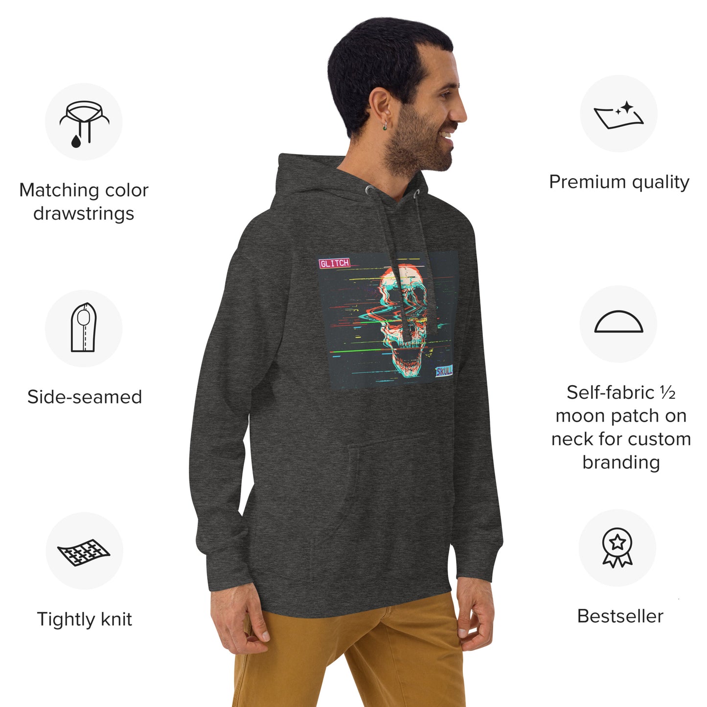 Charcoal heather hoodie with glitched skull - right front angle view