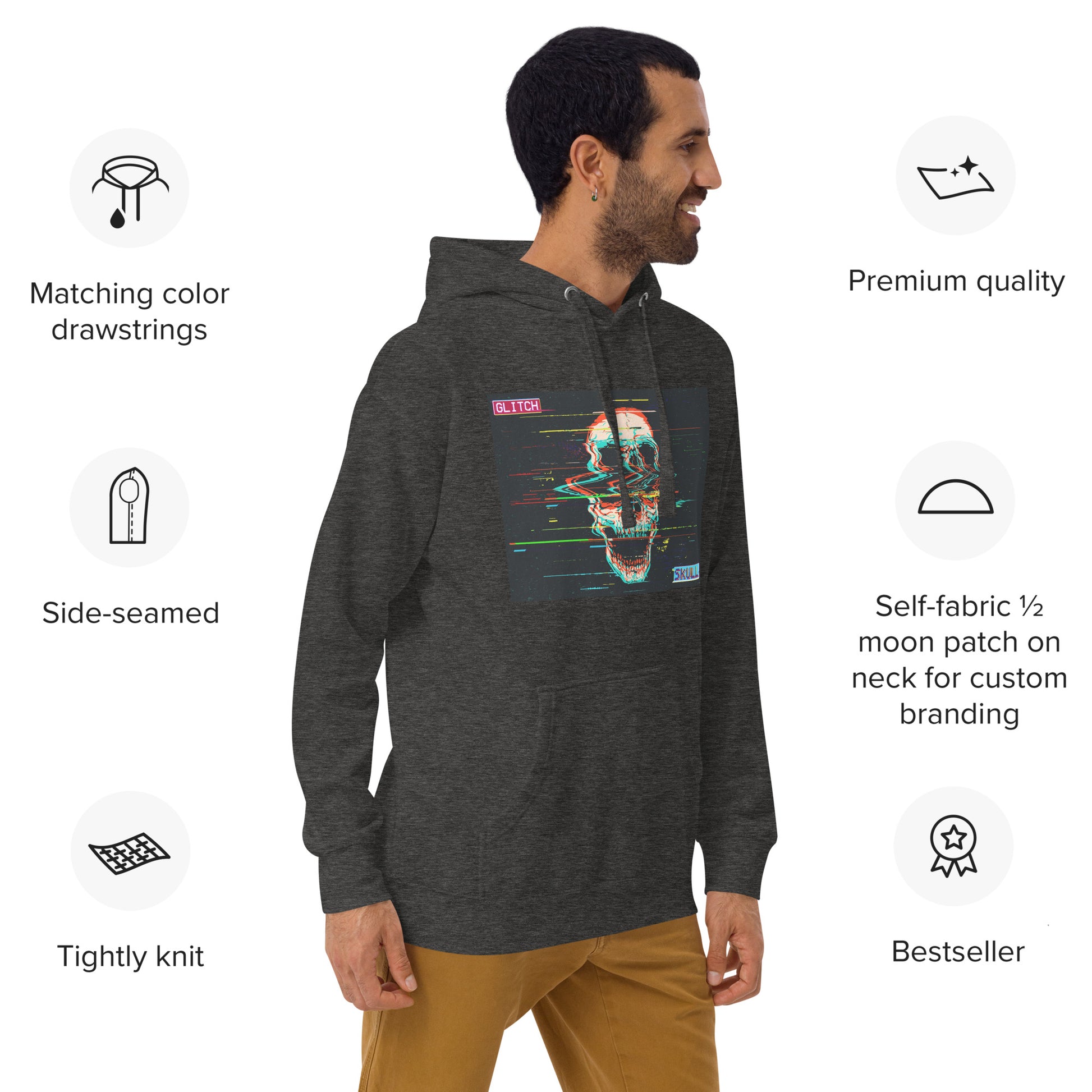 Charcoal heather hoodie with glitched skull - right front angle view