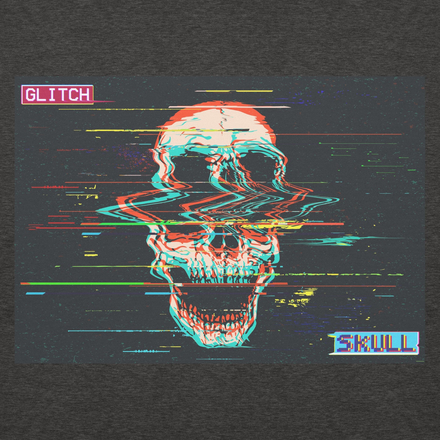 Glitched Skull charcoal heather pullover hoodie - digital skull design