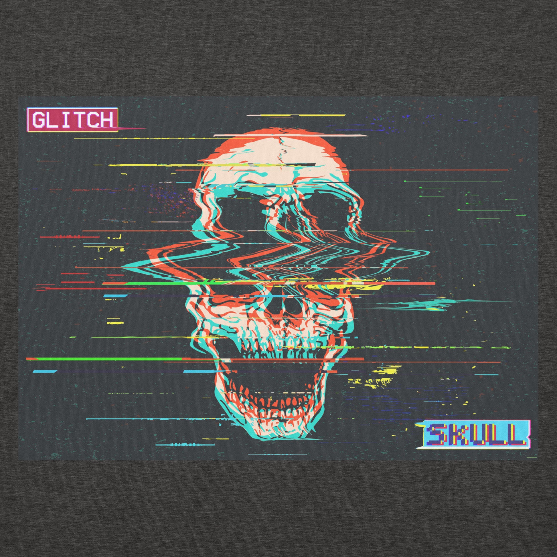 Glitched Skull charcoal heather pullover hoodie - digital skull design