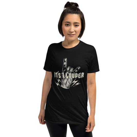 Front and back view of a black Rock Hand Sign graphic tee showing the It's 1 Louder devil-horns chest print and plain back panel, classic heavy metal band t-shirt for concertgoers.