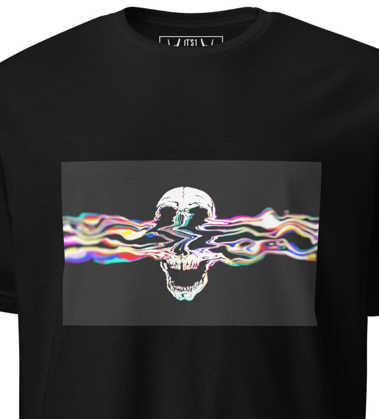 Black t-shirt with colorful glitch skull - Rebel Riser rock design