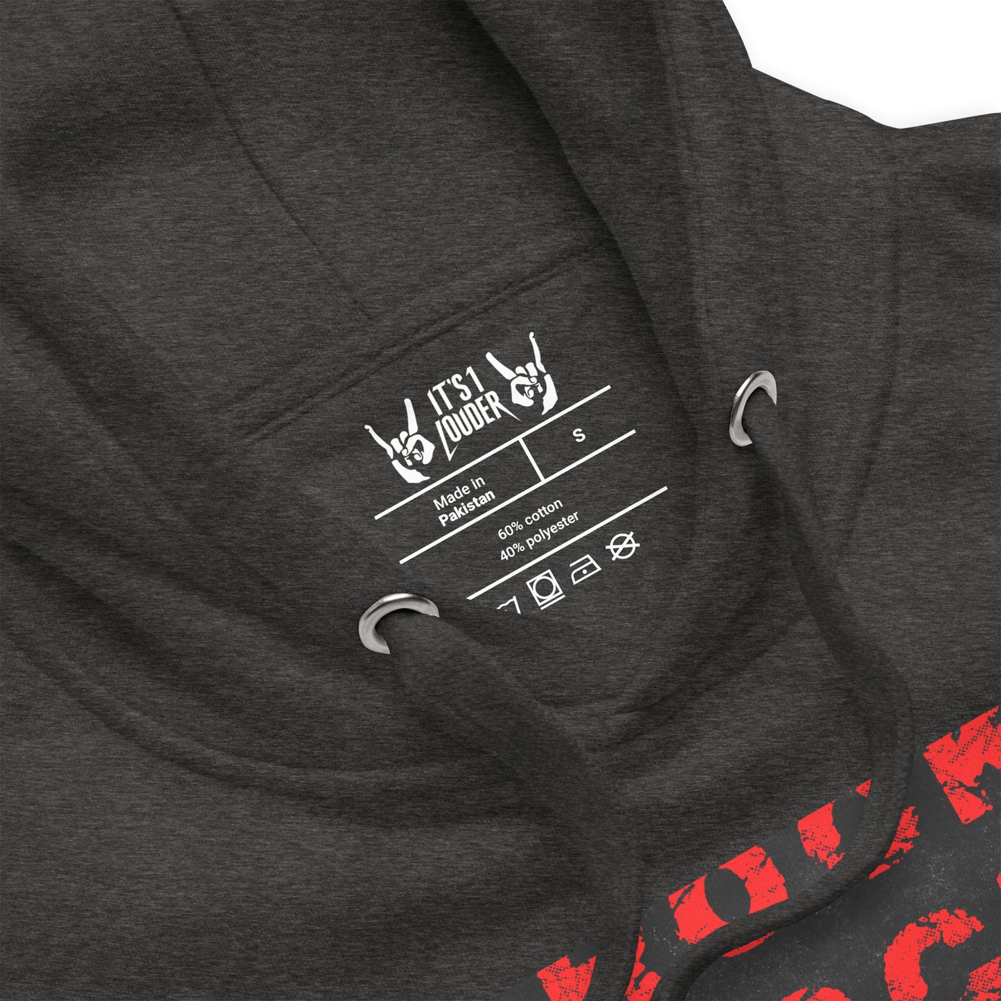 Rock Cat-titude charcoal hoodie label and stitching detail - premium quality