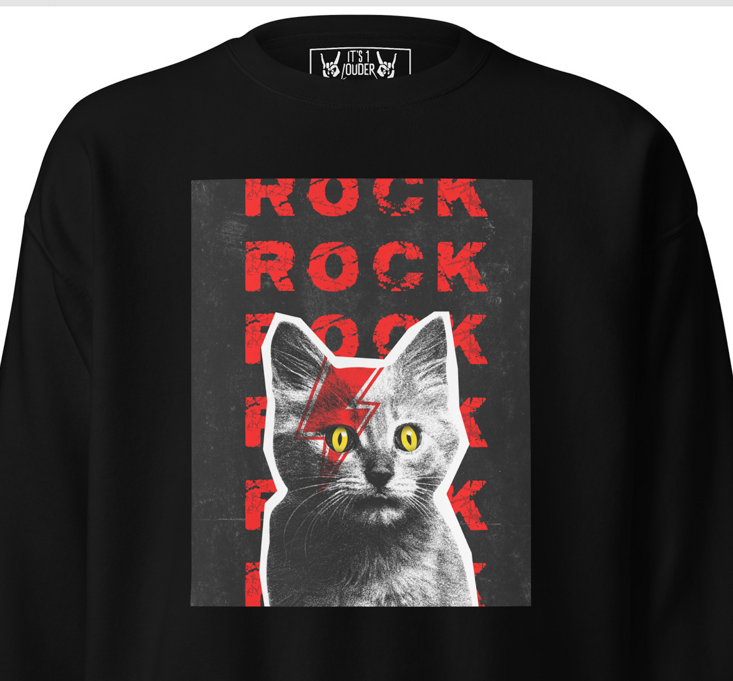 Black rock sweatshirt with cat face paint graphic - Rock Cat-titude design