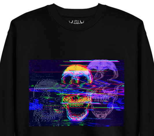 Black sweatshirt with glitch skull graphic - Glitched Outlaw rock design
