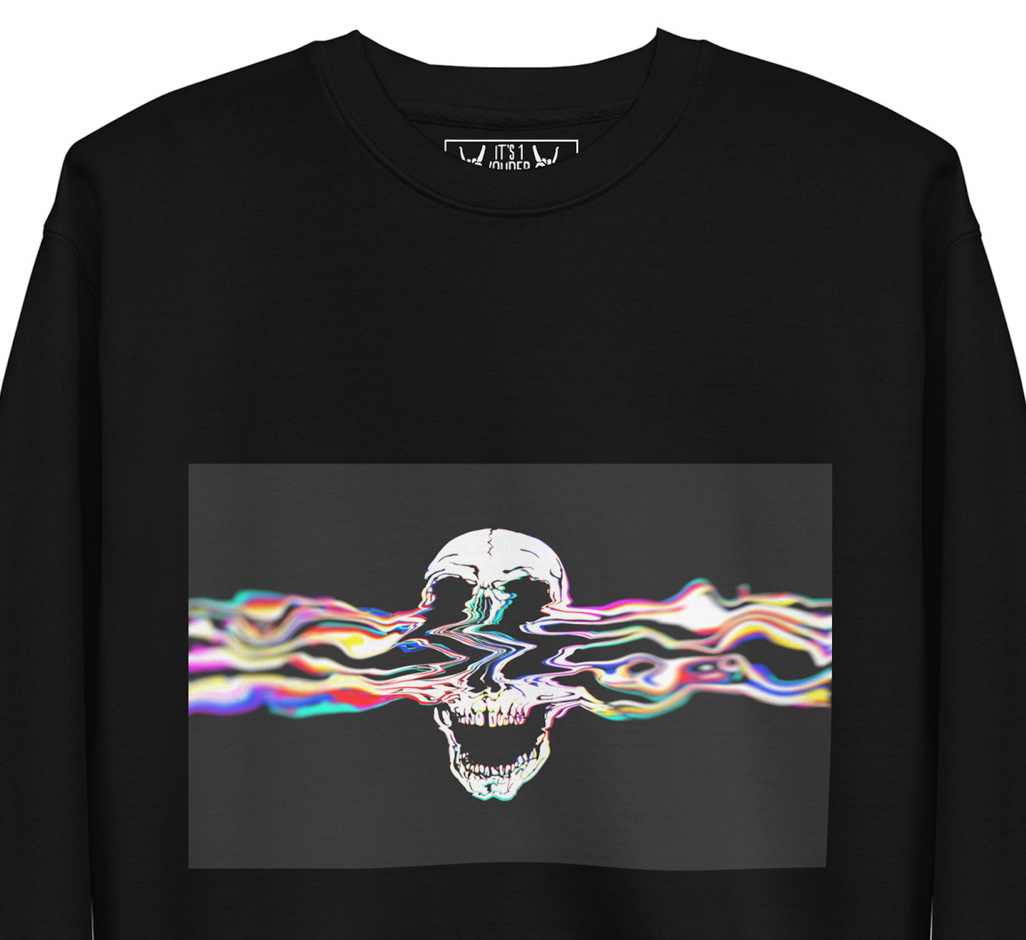 Black sweatshirt with colorful glitch skull graphic - Rebel Riser rock design