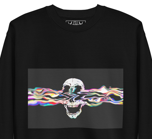 Black sweatshirt with colorful glitch skull graphic - Rebel Riser rock design
