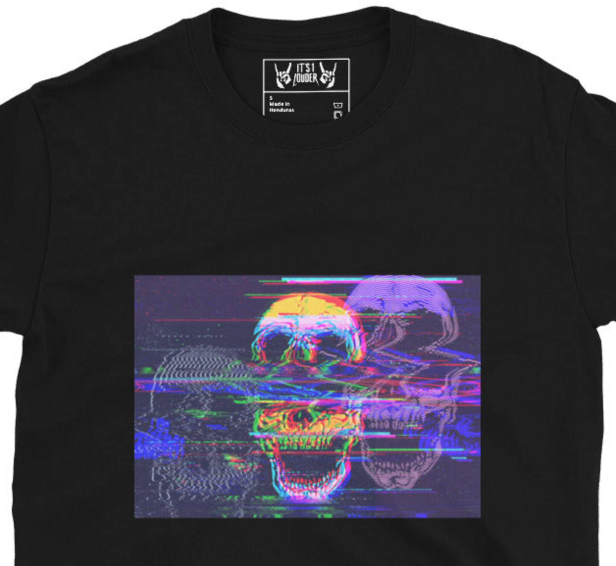 Black t-shirt with a colorful skull design and brand logo on a white background