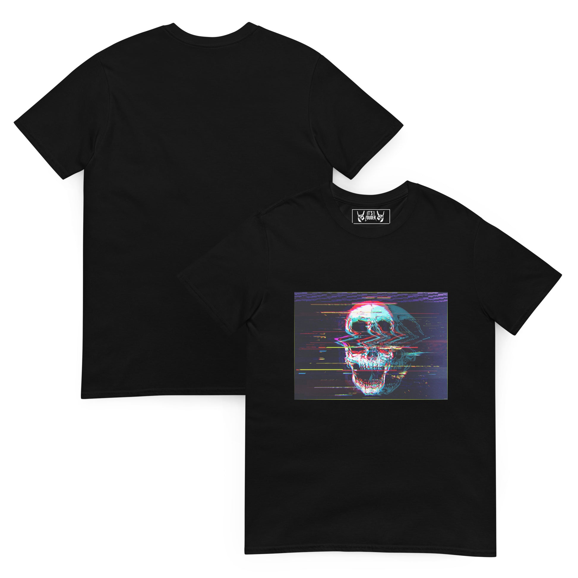 Skullbanger black tee front and back - DJ skull graphic