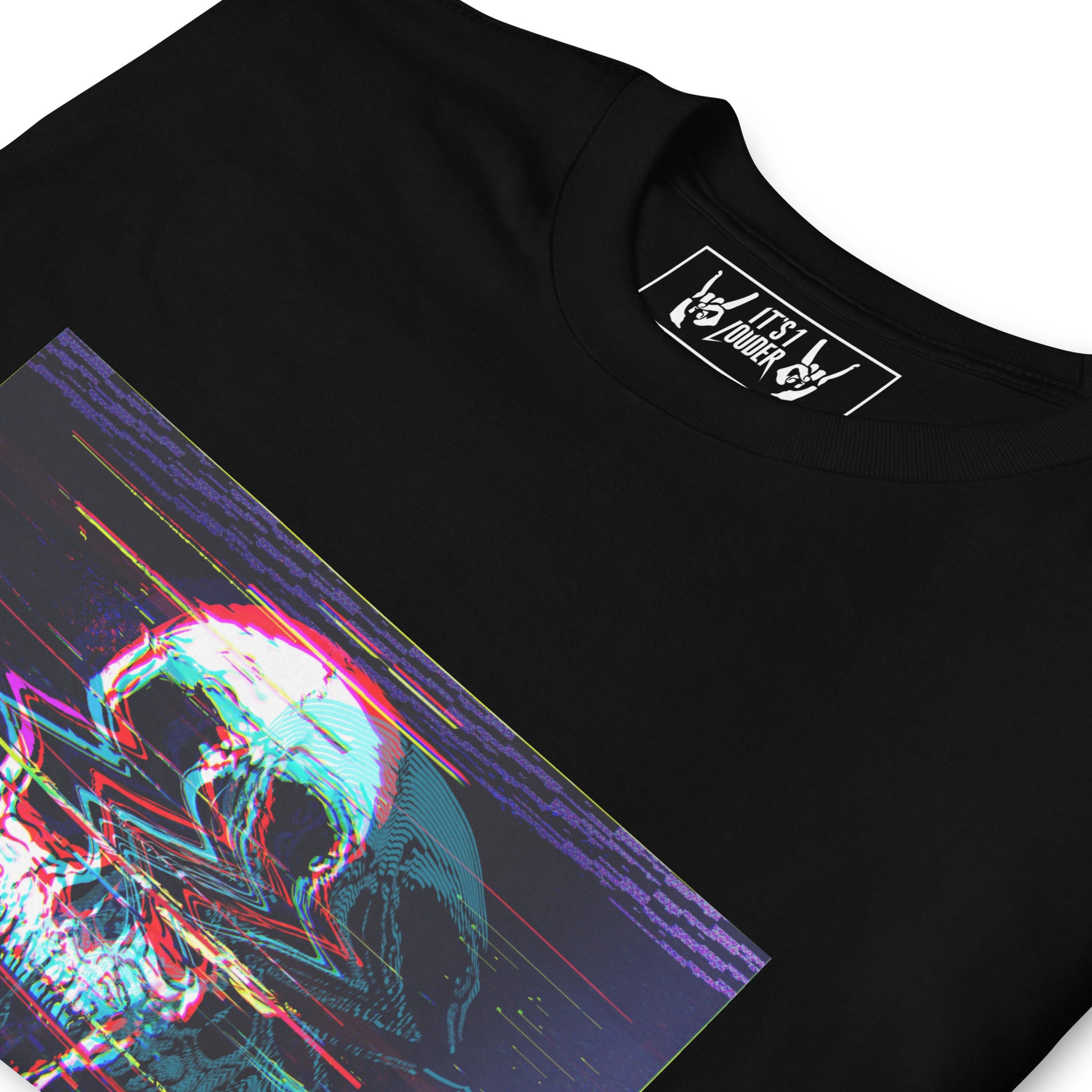 Skullbanger tee close-up - skull with headphones detail