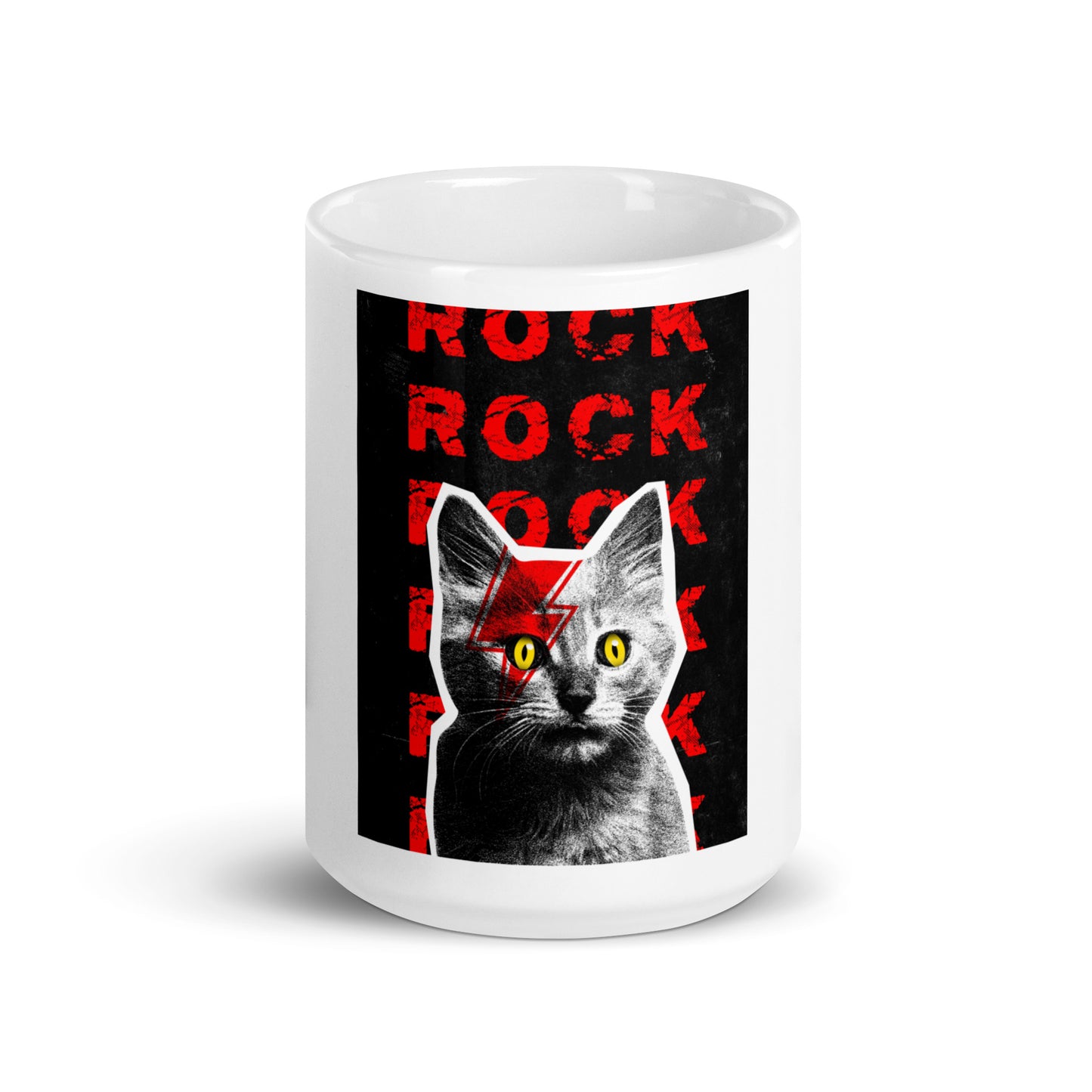 White glossy coffee mug with Rock Cat-titude graphic - 15 oz rock music gift