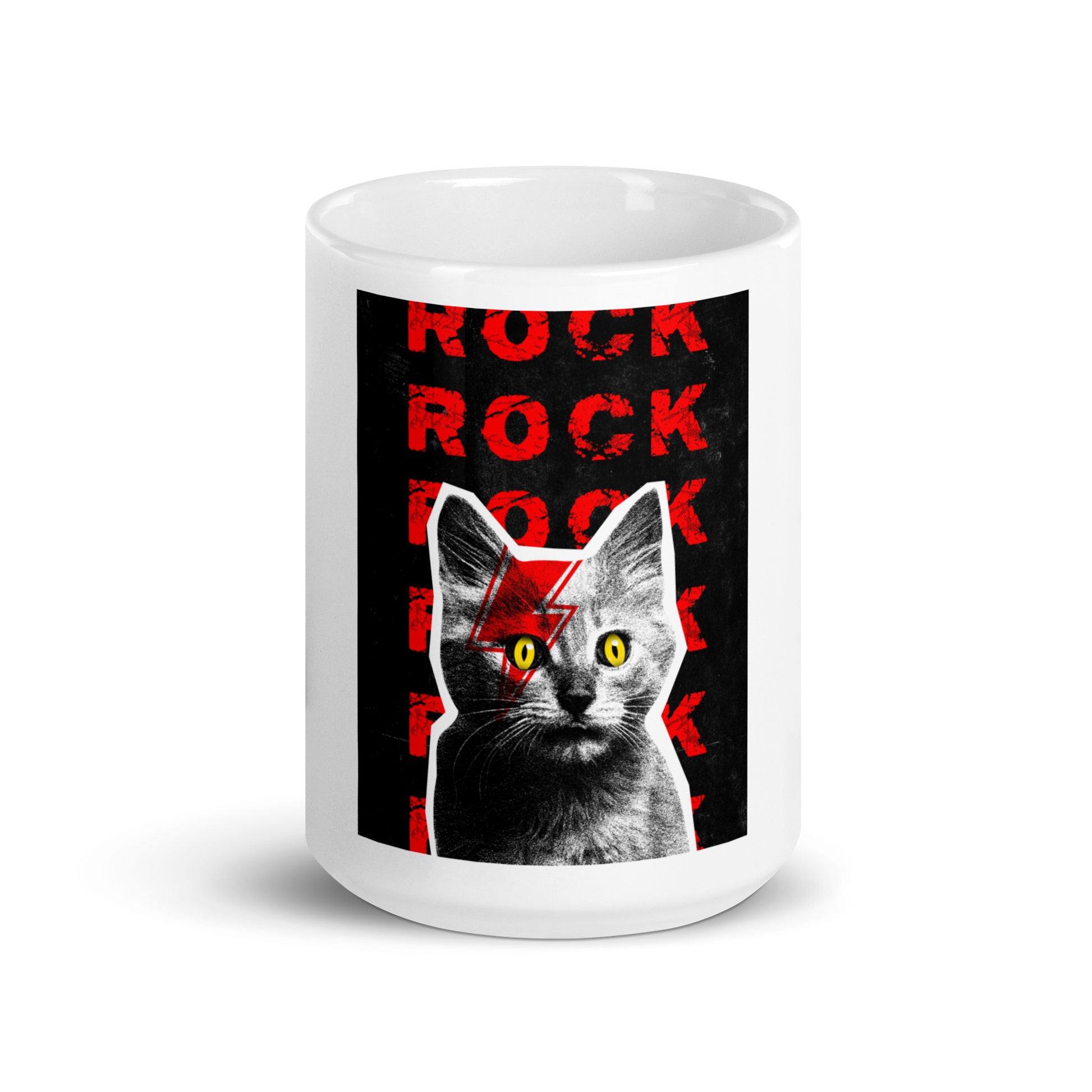 White glossy coffee mug with Rock Cat-titude graphic - 15 oz rock music gift