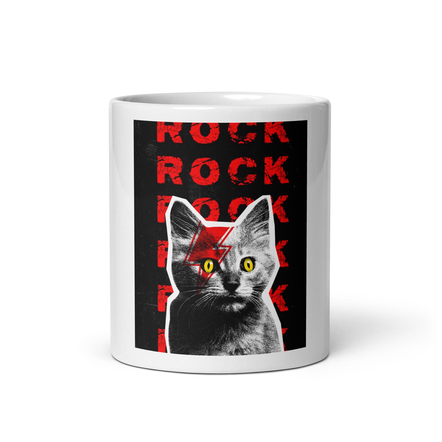 White glossy mug with Rock Cat-titude cat face paint design - 11 oz front view