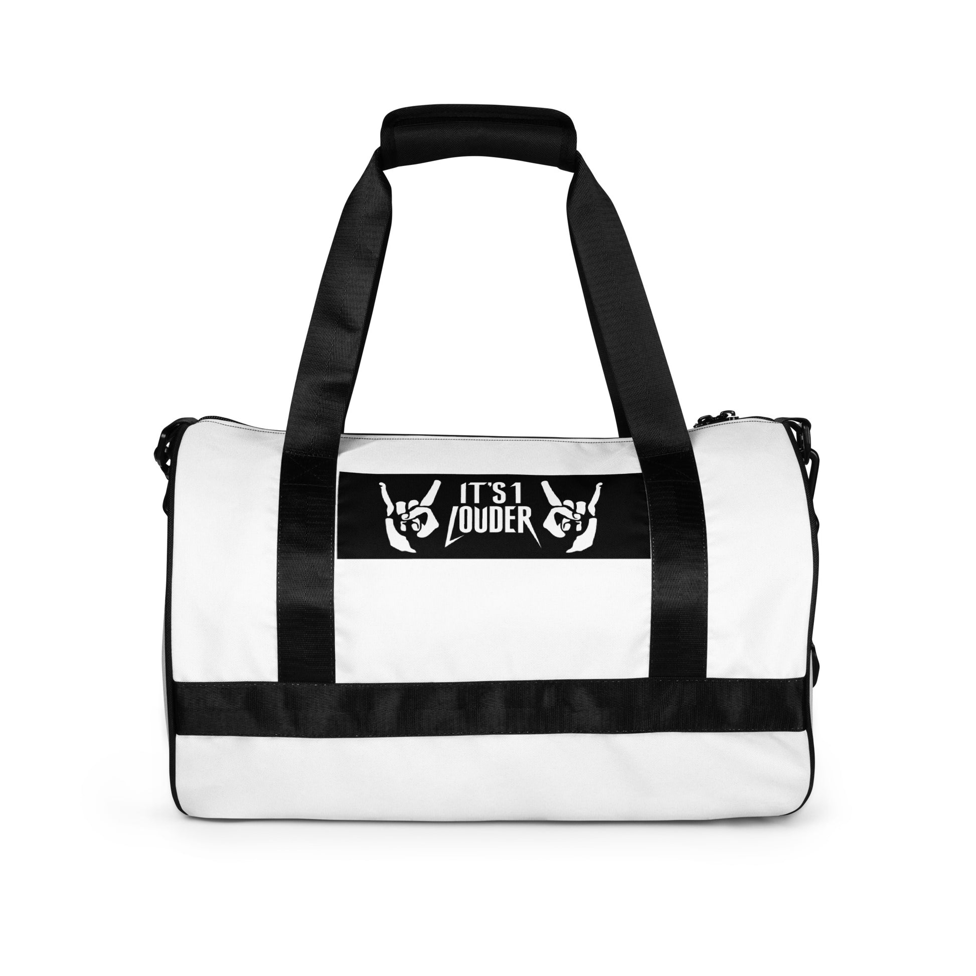 Rebel Riser gym bag back - white with vibrant skull pattern