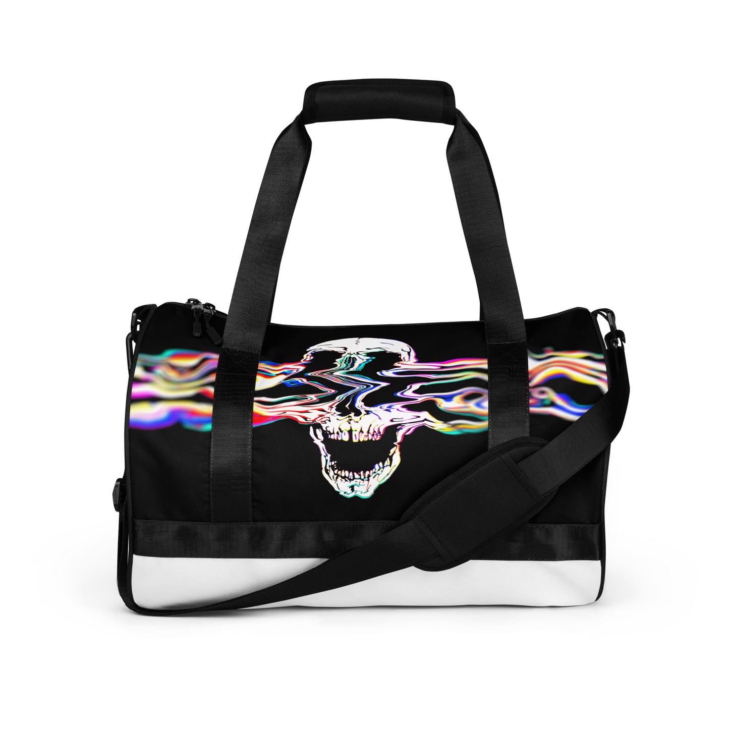 White gym bag with Rebel Riser colorful glitch skull pattern - rock music duffel bag