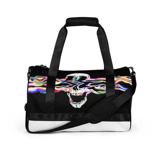 White gym bag with Rebel Riser colorful glitch skull pattern - rock music duffel bag