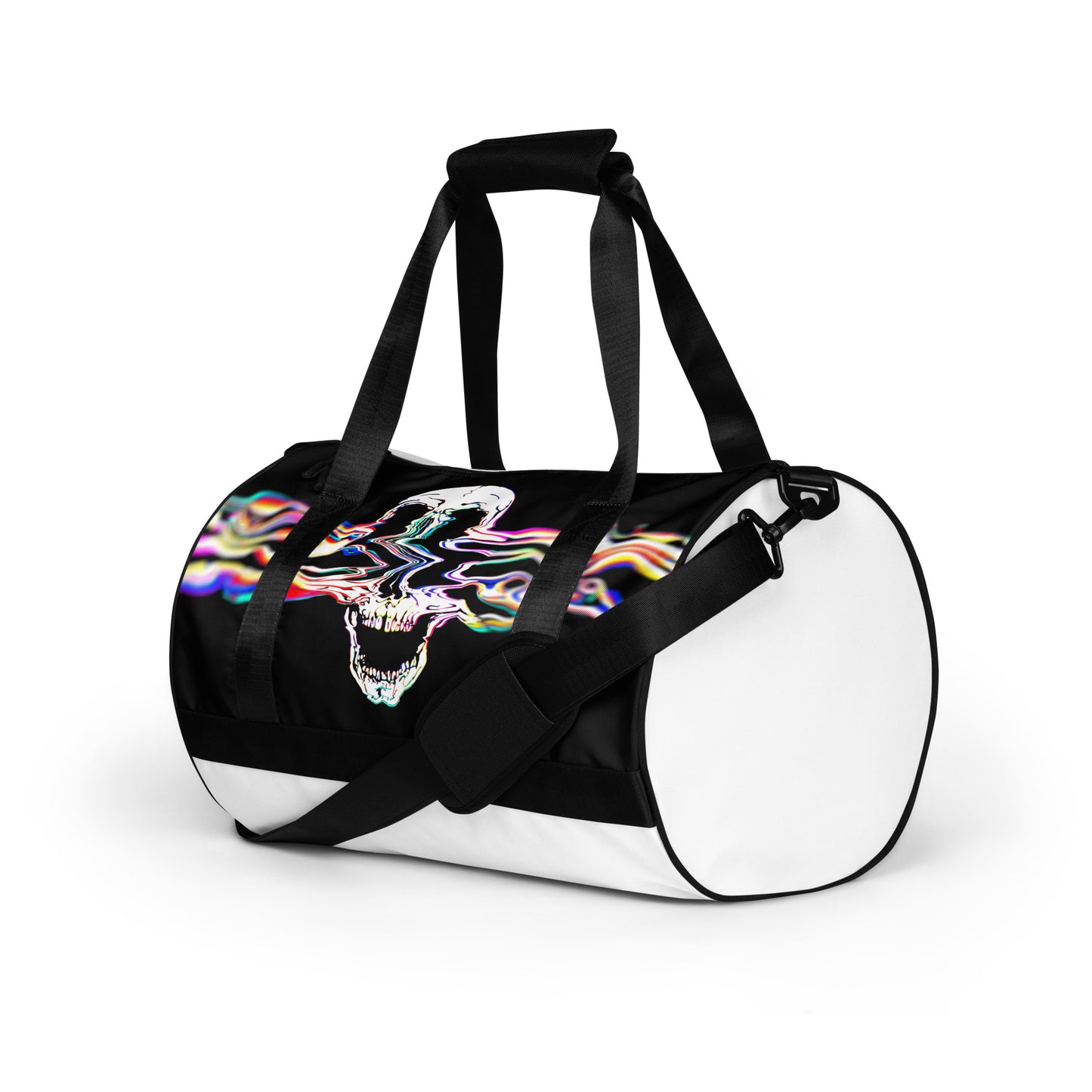 Rebel Riser gym bag left front angle - colorful glitch skull print duffel