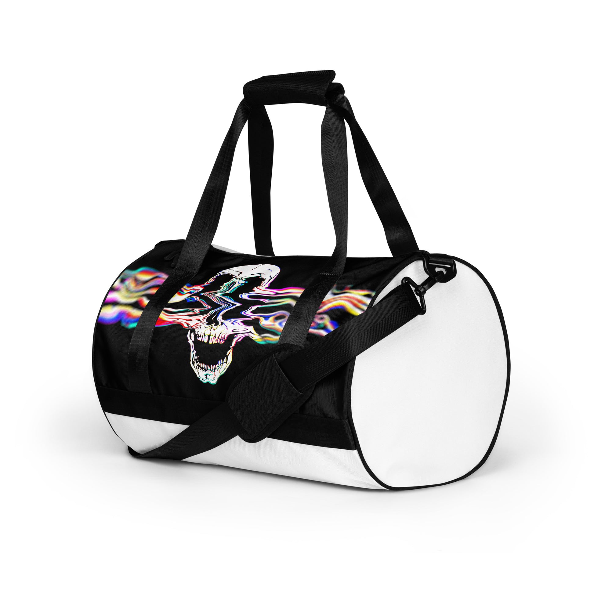 Rebel Riser gym bag left front angle - colorful glitch skull print duffel